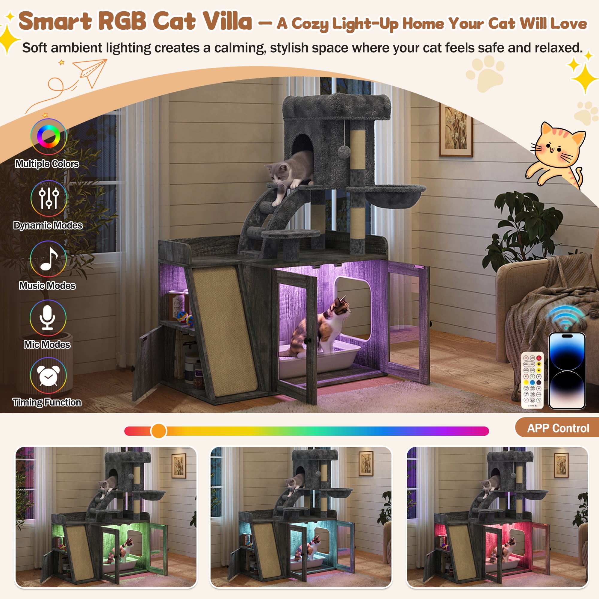 Aukfa 2-in-1 Cat Tree with Hidden Litter Box & RGB Lighting, Modern Multi-Level Cat Tower with Side Storage & Sisal Scratching Board,Gray