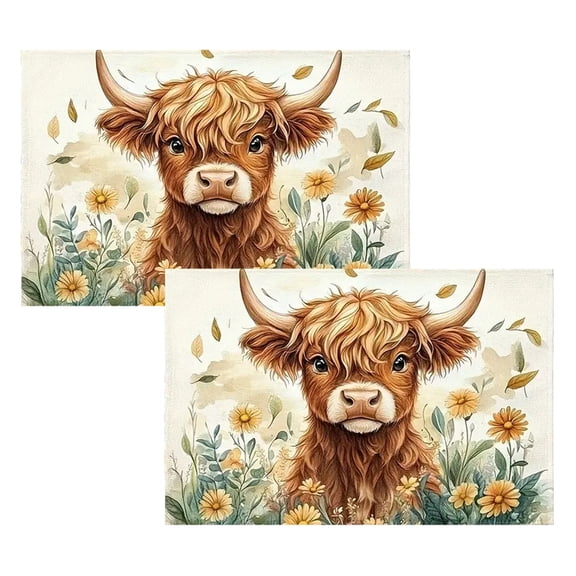 Highlands Cow Linen Placemats 17.7x11.8in Set of 2 Farmhouses Table Mats Washable Heat Resistants Placemats for Kitchen Dining Room Rustics Decor