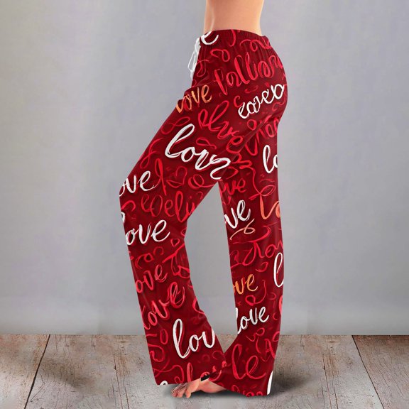 Women's Casual Fashion Comfort Pajama Pants, Print Drawstring Pants Full Length Long, Love Valentine's Day Pattern Lounge Pants,Red,S