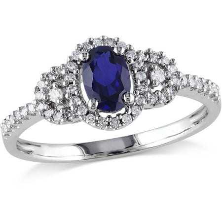 3/4 Carat T.G.W. Created Blue Sapphire and 1/6 Carat T.W. Diamond 10kt White Gold Halo Cluster Ring