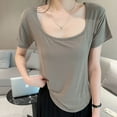 thumbnail image 2 of Simple Modal T-Shirts Col Carré Manches Courtes Été T-shirt Femme Couleur Unie Base Tee Tops Ourlet arc Top FJH, 2 of 7