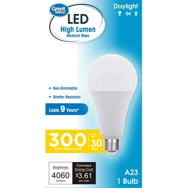Great Value High Output A23 LED Light Bulb, 30-Watt (300W Equivalent), Daylight, E26 Medium Base