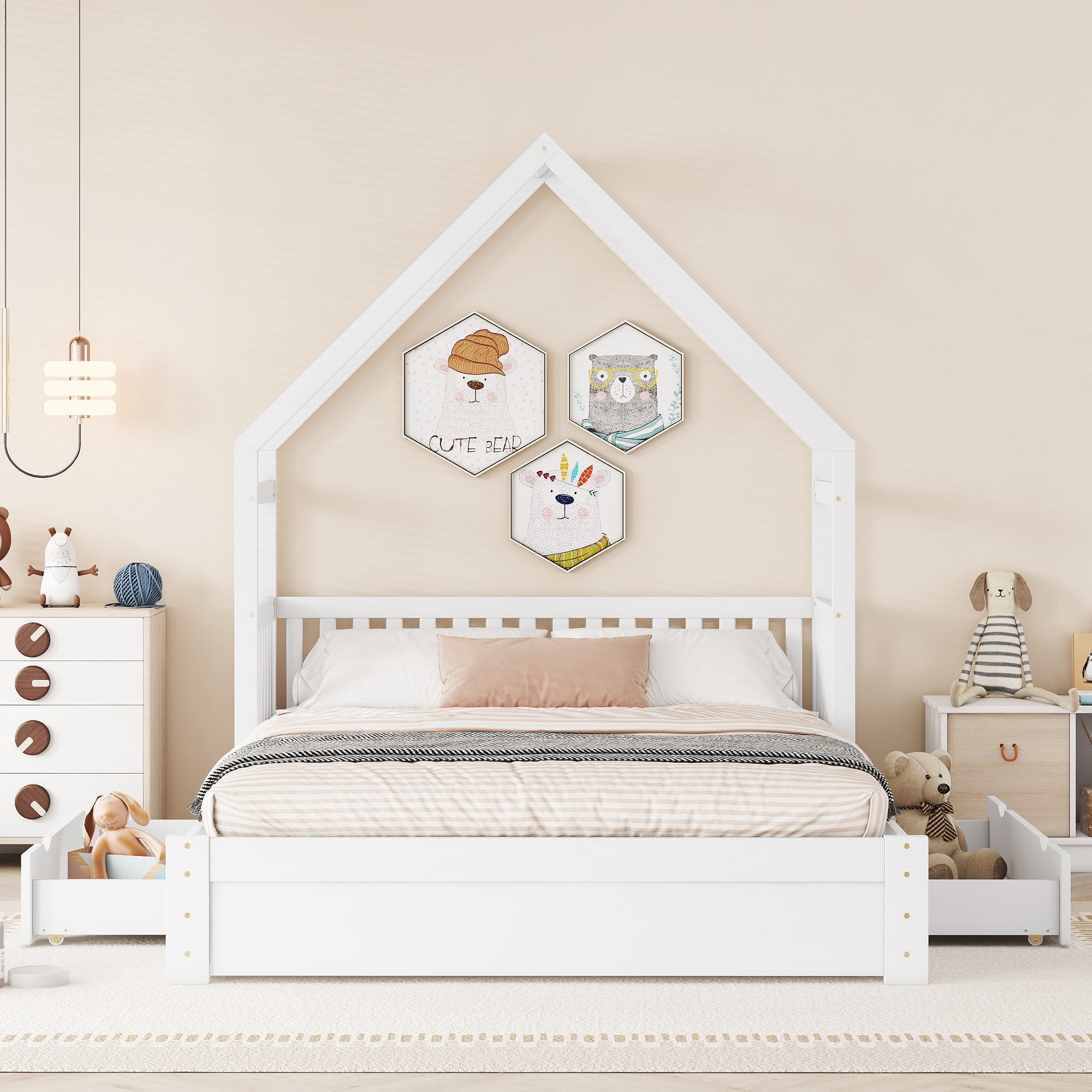 Sailvan Queen Wood House Platform Bed with Guardrail and 2 Storage Drawers White