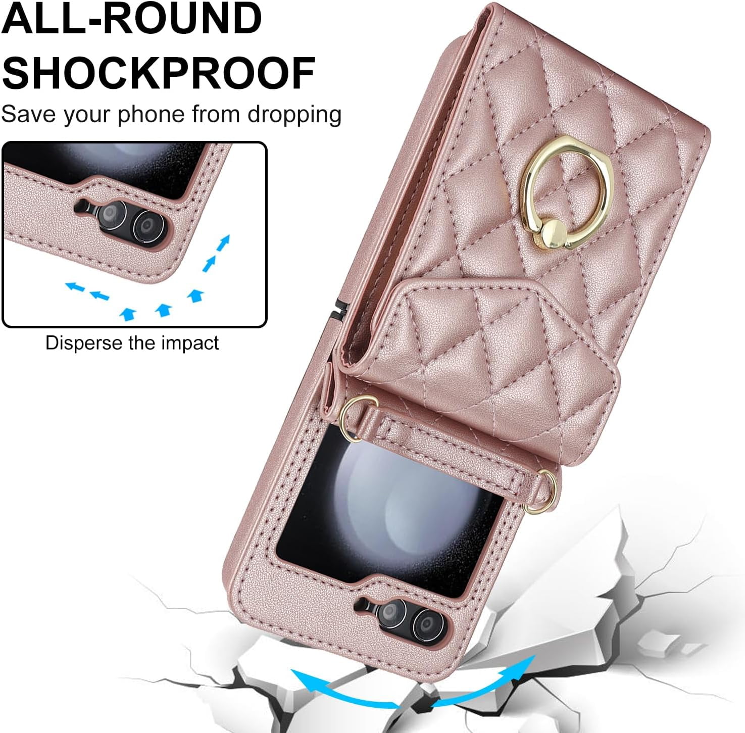 Phone Case for Samsung Galaxy Z Flip 5 5G 2023 Wallet Cover with RFID Blocking Ring Crossbody Wrist Strap Stand Credit Card Holder Leather Cell ZFlip5 Z5 G Flip5 5Z Women Men Girls Rose Gold