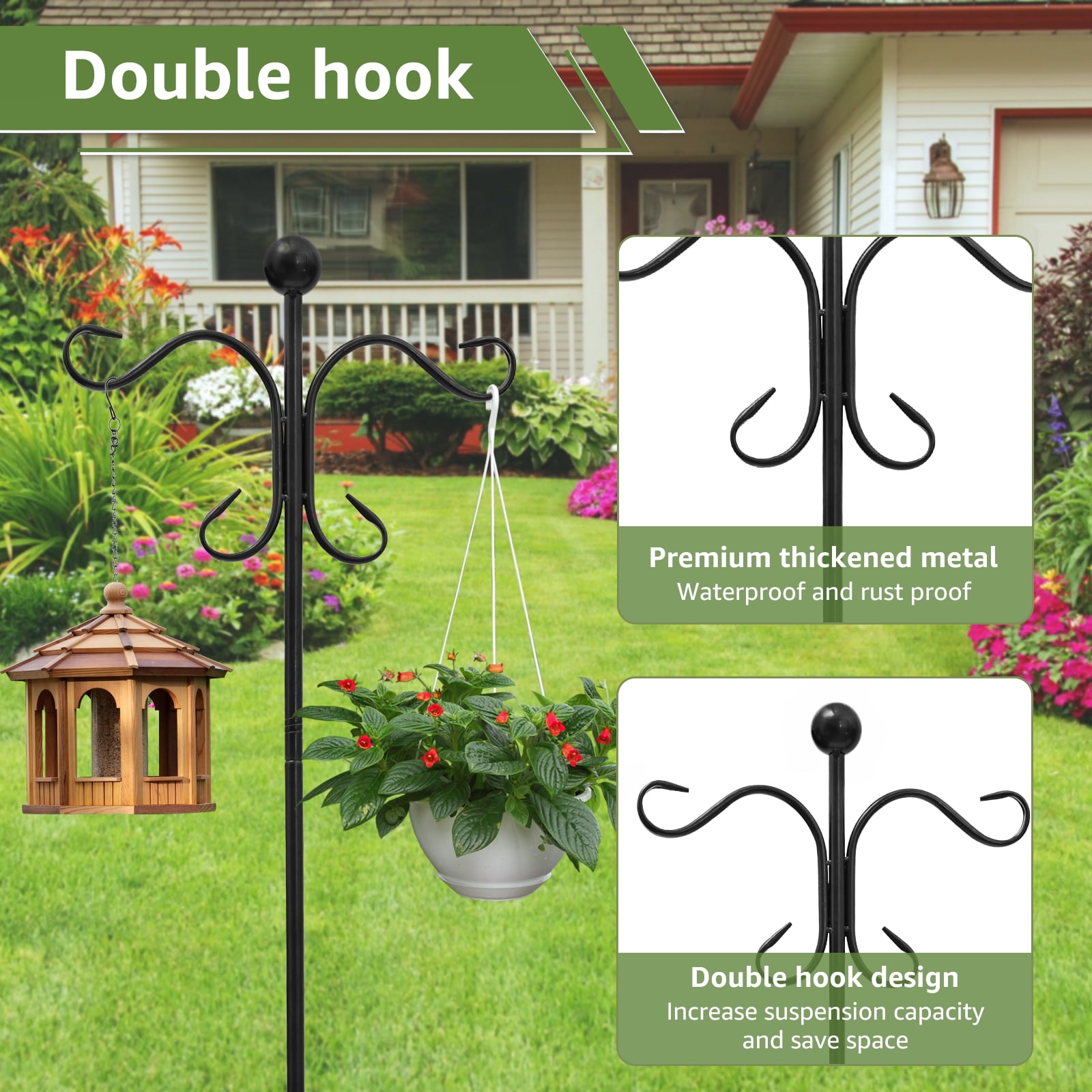 Threns Shepherd Hook 78.35 Inches Iron Double Shepherd Hook with 5 Prong Base Adjustable Bird Feeder Pole for Hanging Basket Solar Lantern