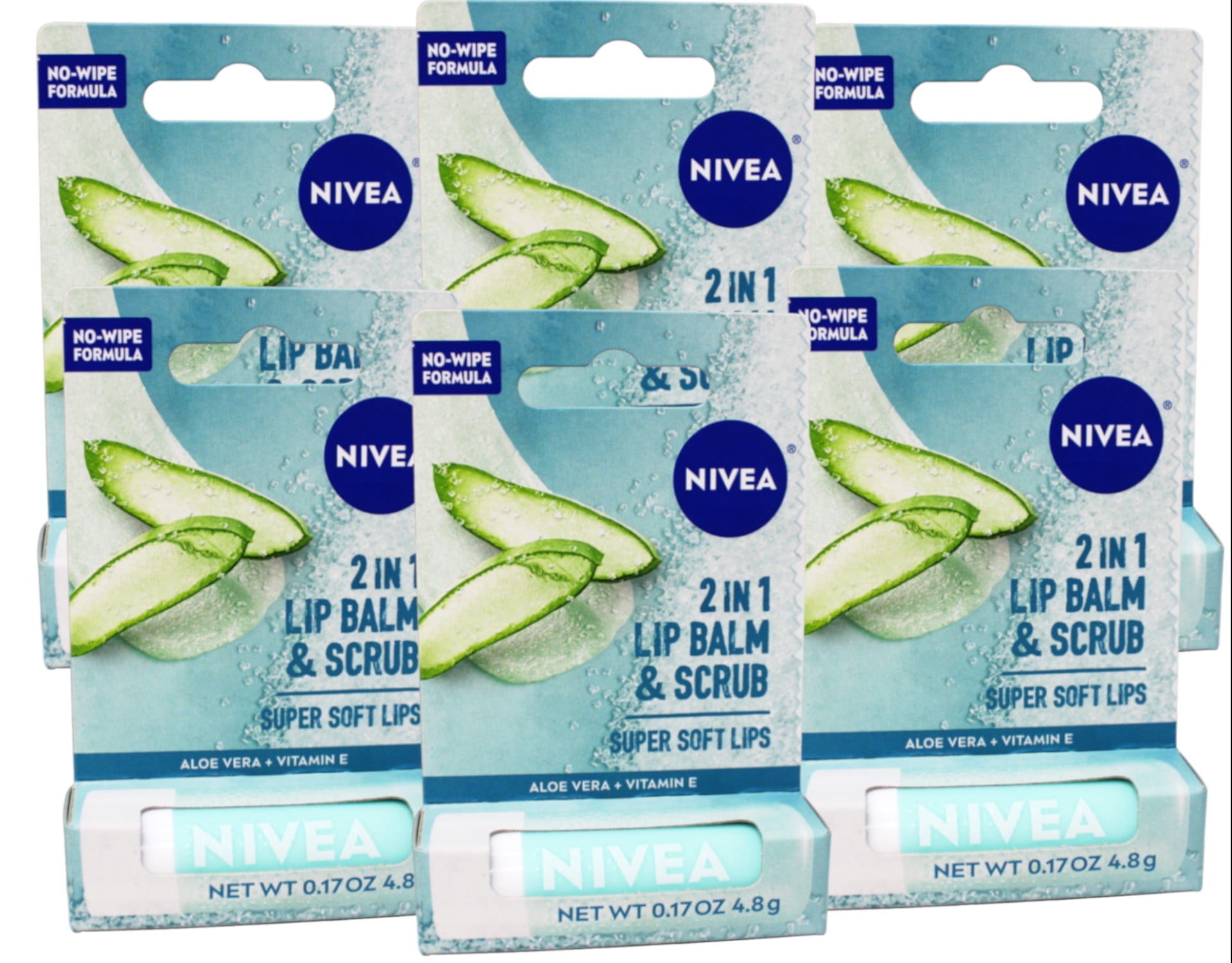 6 Pack - Nivea 2in1 Lip Balm & Scrub Super Soft Lips, Aloe Vera + Vitamin E, 0.17 oz (4.8 g)