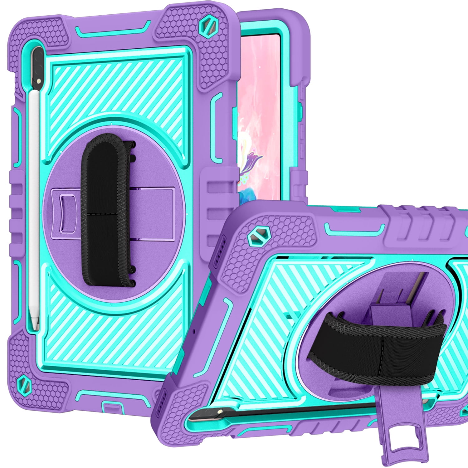 For Apple iPad (A16) 2025 /iPad 10th Gen 10.9 Hybrid 3in1 Multi-Functional Shockproof Tablet Case with Hand, Shoulder Strap, Pencil & Stand Holder Case Cover [Purple Teal]