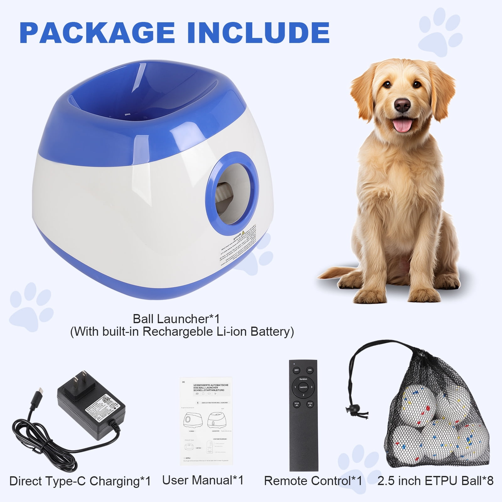 GYZJ Automatic Ball Thrower for Large Dogs, 40/60/80FT Distance Interactive Dog Ball Launcher Toys w/Remote Control,Includes 8 2.5" ETPU Tennis Balls
