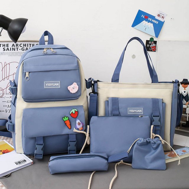 Mochila de lona de otoño para mujer, mochila de cinco piezas de gran capacidad para estudiantes de secundaria, mochila escolar para estudiantes universitarios