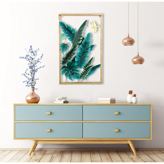 Handmade Green Leaf Pattern Metal Wall hanging Sclupture for Home Decor, Modern and Antique Combination Framed Centerpiece for Entryway, 36x22 inch