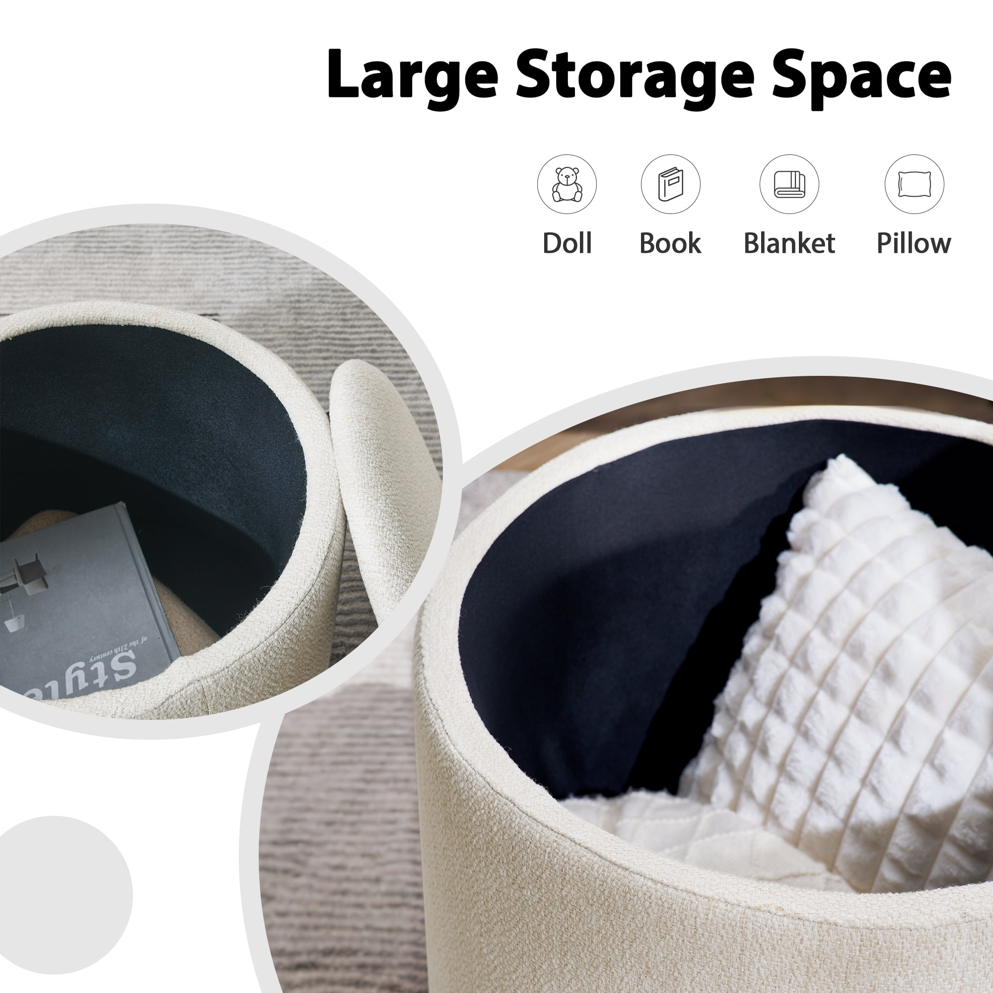 Aukfa 2-Piece Round Storage Ottoman Set,Chenille Coffee Table Footstool & Vanity Stool for Living Room/Bedroom/Entryway,Beige
