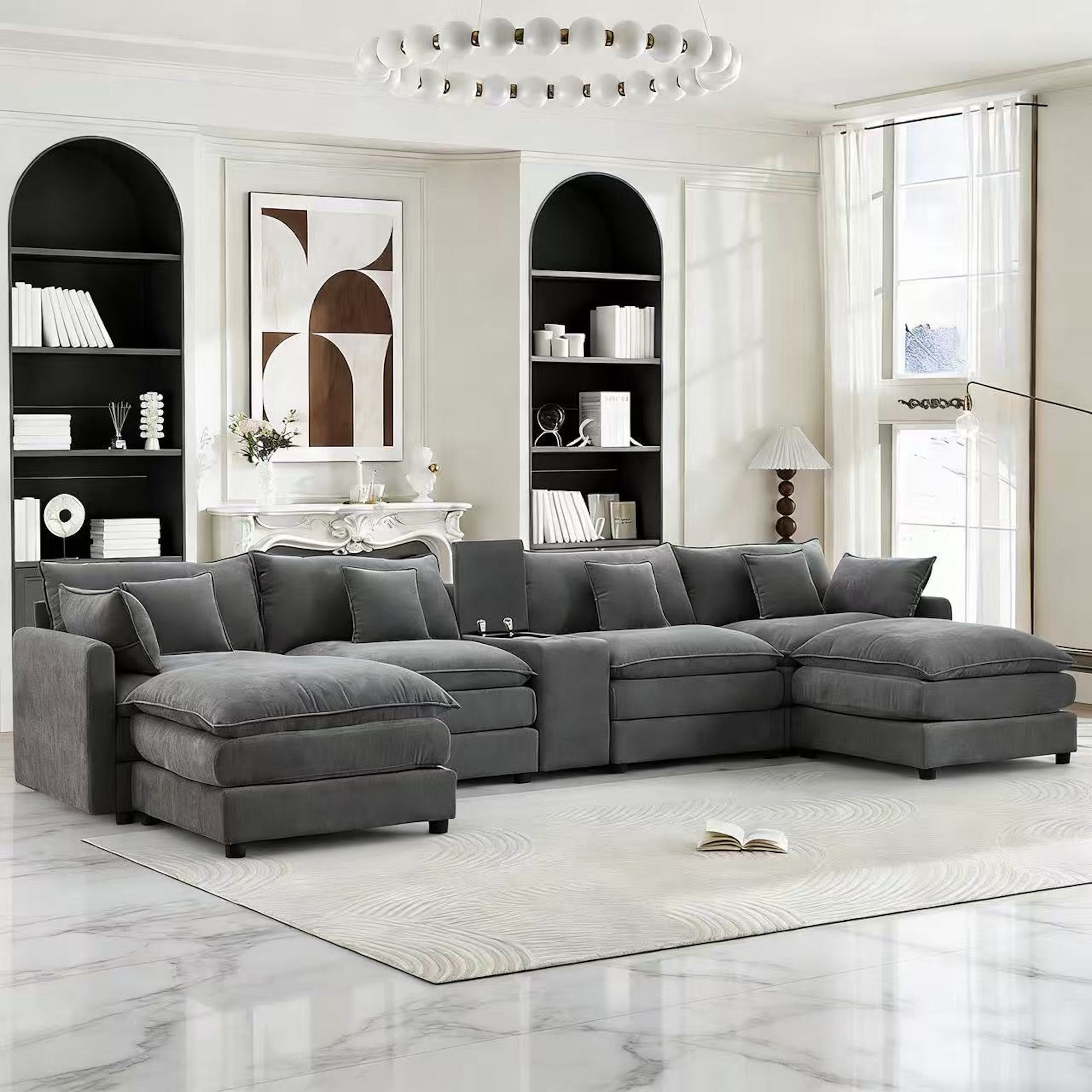 Vinform 145" U Shaped Cloud Couch Sectional with USB Charging, Hidden Storage, Cup Holders & Double Chaise, Grey
