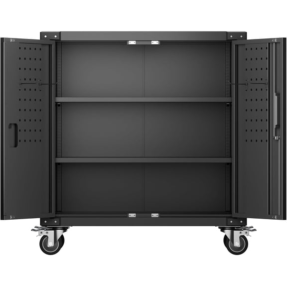 Aobabo Metal Garage Storage Cabinet with Wheels,Steel Storage Cabinet with Pegboard and 4 Hooks for Garage,Home Storage,Assembly Required (Black)