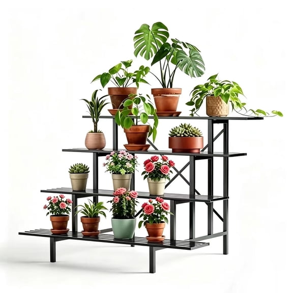 Zhongma 45.67 x 34.65 x 33.9 4-Tier Black Metal Plant Stand with Heavy Duty
