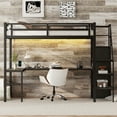 thumbnail image 2 of Bellemave Twin XL Size Metal Loft Bed with L-shaped Desk and Storage Staircase, Loft Bed Frame with Wardrobe and Shelf, Loft Bed with LED Lights and USB Port for Teens (Black, Twin XL), 2 of 11