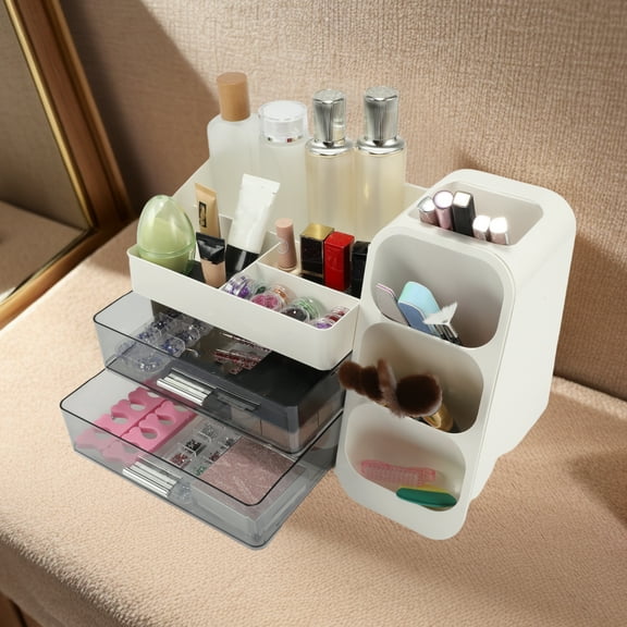 Makeup Organizer Three-Layer Skincare Organizers with Drawer for Lipstick Brush Eyeliner White