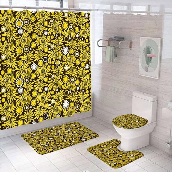 Watercolor Daisy Flowers Shower Curtain Sets Blue Pastoral Floral Branch Fabric Bathroom Curtains With Bath Mat Rug Toilet Cover