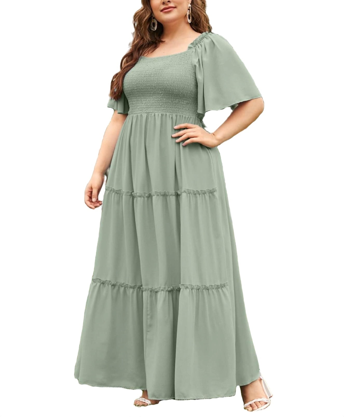 Elegant Square Neck A Line Dress Short Sleeve Green Plus Size Dresses -