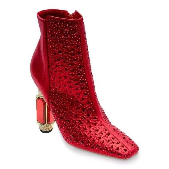 XYD Women Square Toe Rhinestone Ankle Boots Inner Side Zipper Crystal Chunky High Heels Fashion Dress Evening Booties Size 7 Red