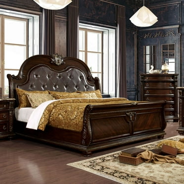 Traditional Formal 1pc Queen Size Leatherette Upholstery Panel Bed Brown Cherry Solid Wood Furniture