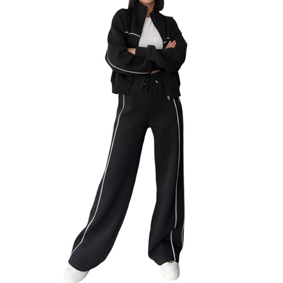Women'S Two Piece Tracksuit Fall Long Sleeve Zip Up Sweatshirt Long Pants Outfits Jogger Sweatsuit Sets Black M