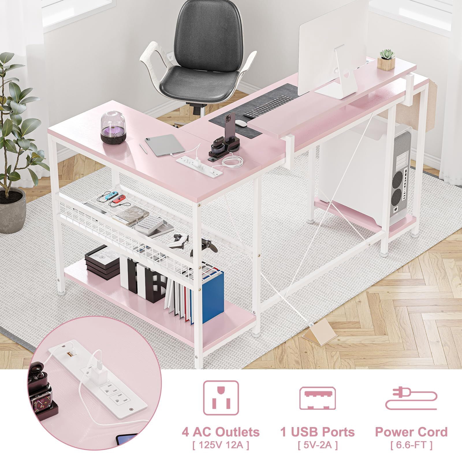 Jojoka 49.6" Reversible L Shaped Computer Gaming Desk with LED Light & Power Outlets, Corner PC Desk with Storage Shelves & Monitor Stand, Home Office Desk, Writing Desk, Workstation, Pink