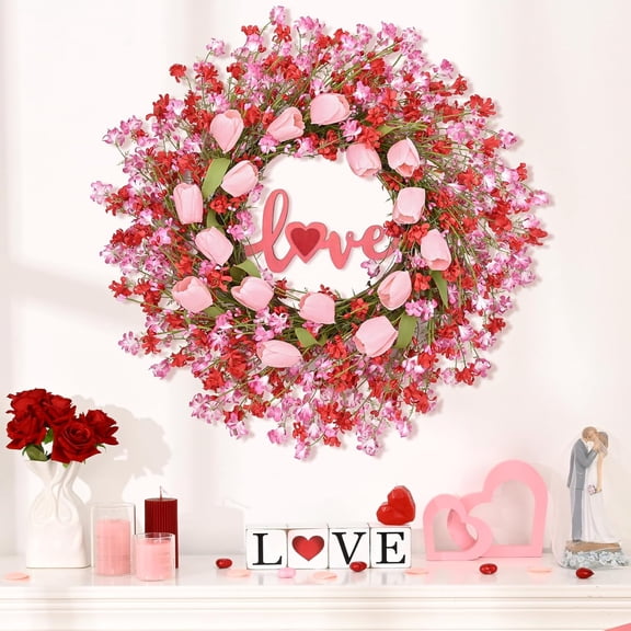 JEWLALO 22" Valentines Day Wreath Decorations, Wreath for Front Door, Pink Tulip Valentine, Spring Summer for Valentine's Home Party Table Window Gifts Decors