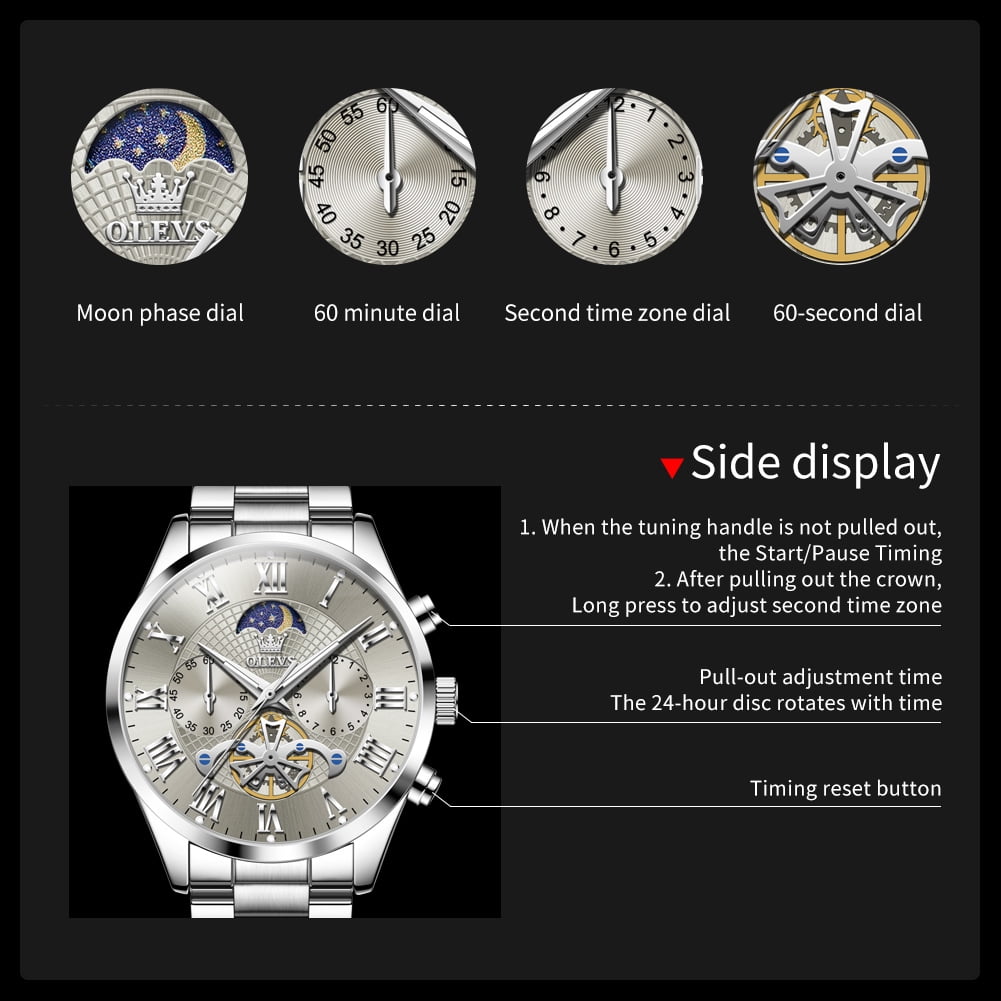 OLEVS Chronograph Watches for Men Waterproof Business Dress Analog Quartz Luxury Moon Phase Stainless Steel Roman Numeral Luminous Casual Mens Wrist Watches Reloj Para Hombre