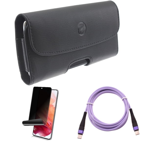 Privacy Screen Protector & Purple 10ft PD Cable & Case Belt Clip for Samsung Galaxy S22 (6.1") - TPU Film Fingerprint Works & Type-C to USB-C Fast Charger Cord & Leather Holster Accessory Bundle