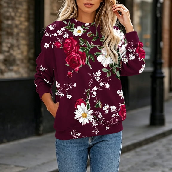 Cavosen Womens Crewneck Sweatshirt Floral Print Hoodie Long Sleeve Comfortable Pullover Trendy Going Out Outfits