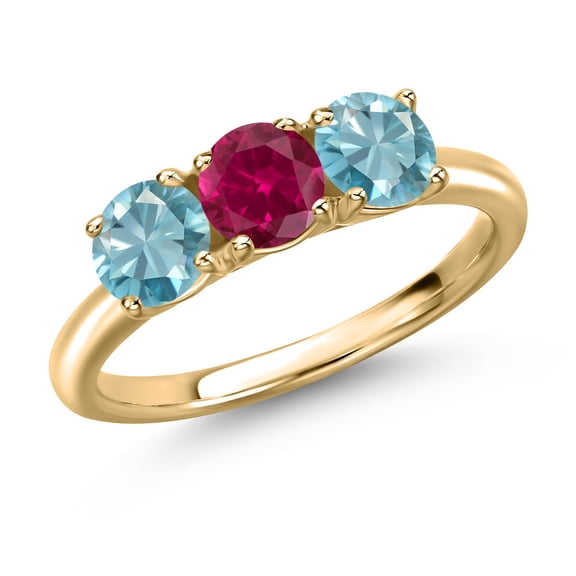 Gem Stone King 10K Yellow Gold Red Created Ruby and Blue Zircon Engagement Ring for Women | 2.30 Cttw | Round 5MM | Gemstone July Birthstone | Size 9
