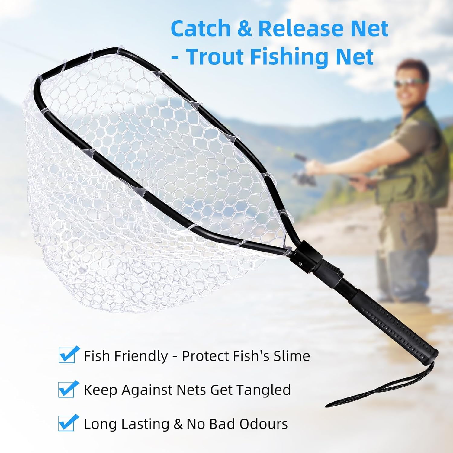 ATENOW Fly Fishing Landing Net Trout Fishing Net, Soft Rubber Catch and Release Fish Net with Wooden Handle Frame, 63*30.5*2.5cm