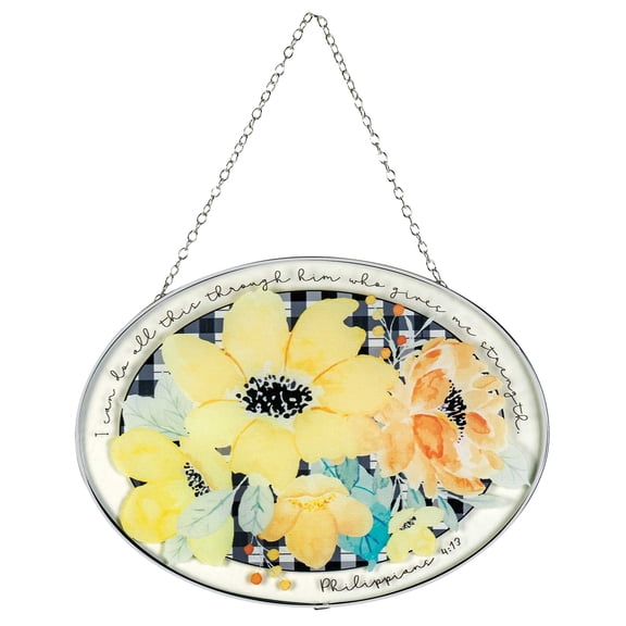 Dicksons Yellow Floral Can Do All Things 6 x 6 Glass Sun Catcher with Suction Cup