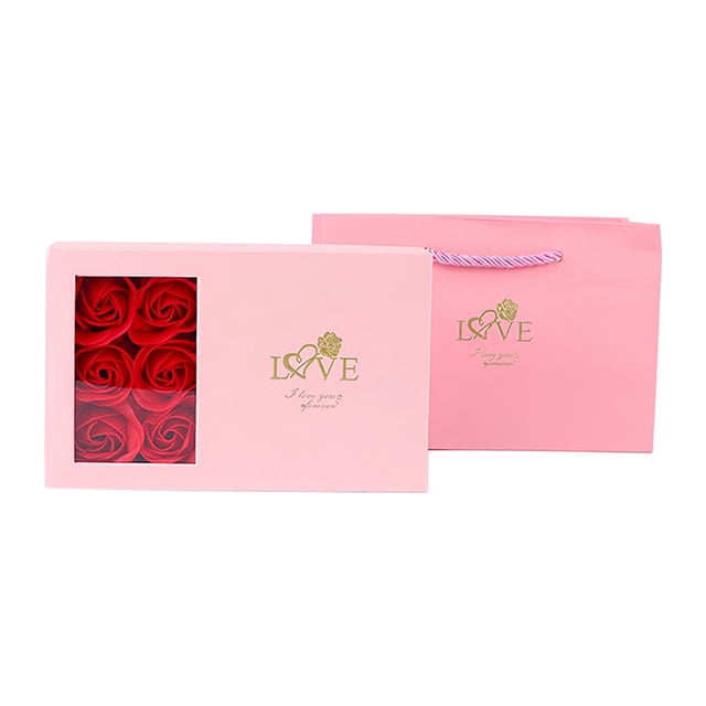 Caja de regalo de rosas para San Valentín con ventana que se abre y cubierta de tierra, caja de 6 flores de jabón, caja para colgante, anillo, oreja, caja de embalaje para joyería
