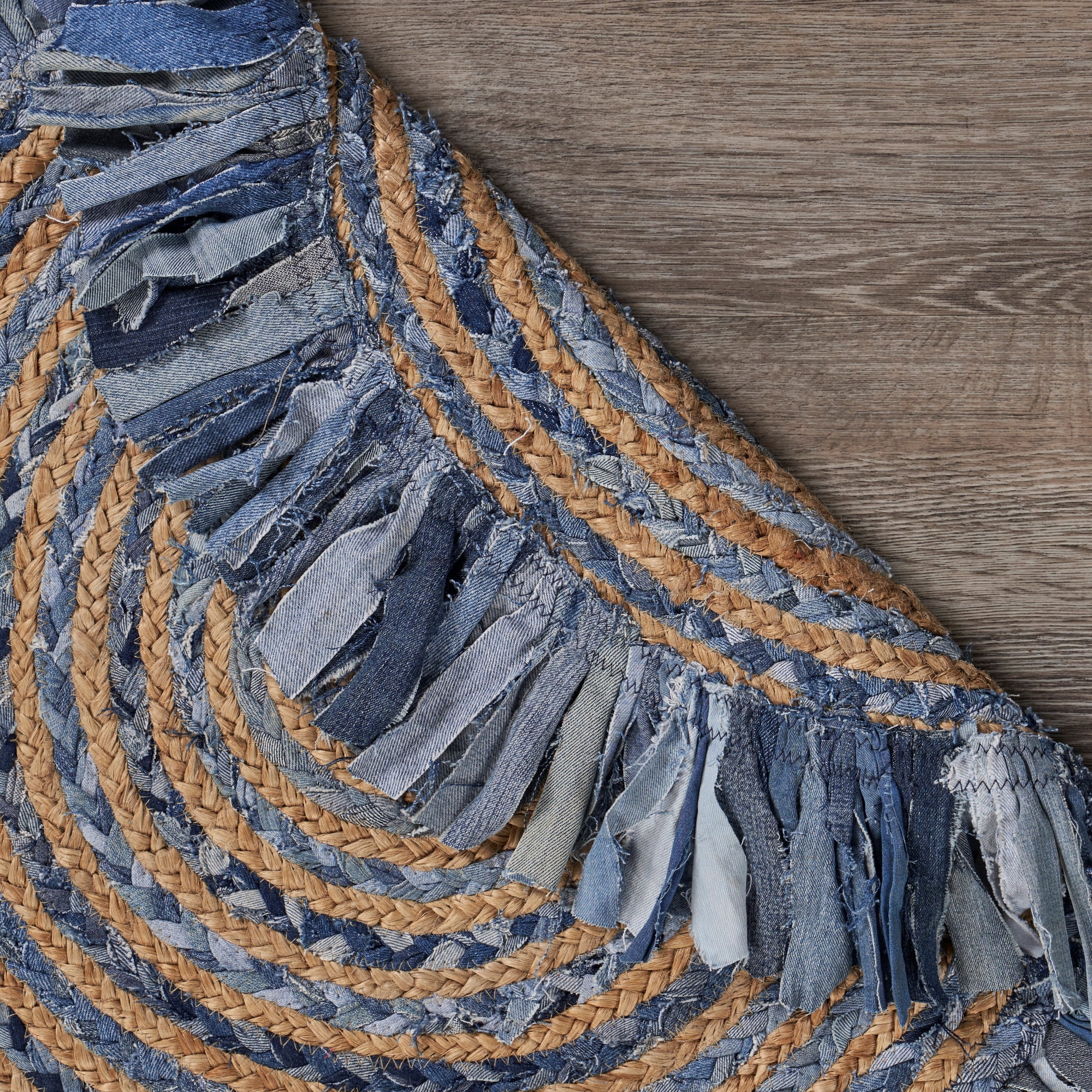 Desert Fields and Evette Rios Cora 5'6" Round Denim Blue Cotton and Jute Striped Fringe Indoor Area Rug