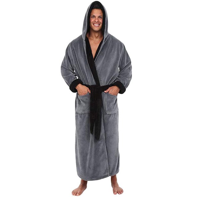 Intimates Men's Winter Plush Lengthened Shawl Bathrobe in grey, featuring long sleeves, a hood, and a black tie belt. Made of polyester with two front pockets and interior ties for added security. Ideal for casual home wear, winter lounging, or post-shower warmth.