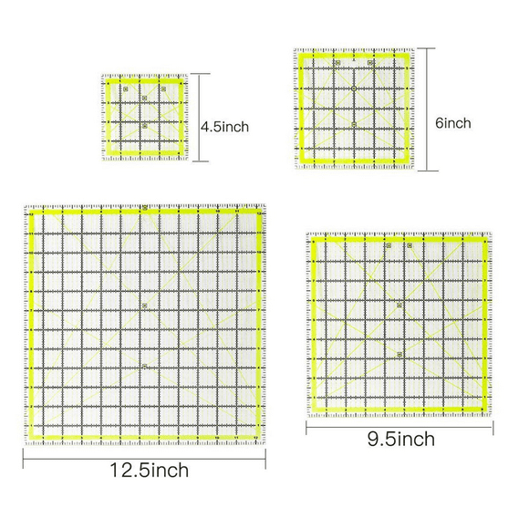 4 PCS Quilting Ruler, Square Quilting Rulers Fabric Cutting Ruler Acrylic Quilters Rulers Clear with Non Slip Rings