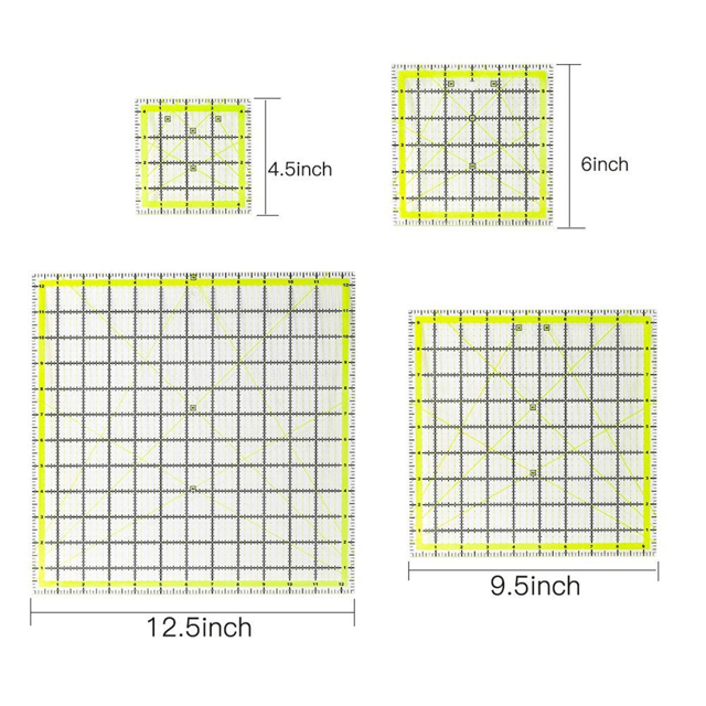 4 PCS Quilting Ruler, Square Quilting Rulers Fabric Cutting Ruler Acrylic Quilters Rulers Clear with Non Slip Rings