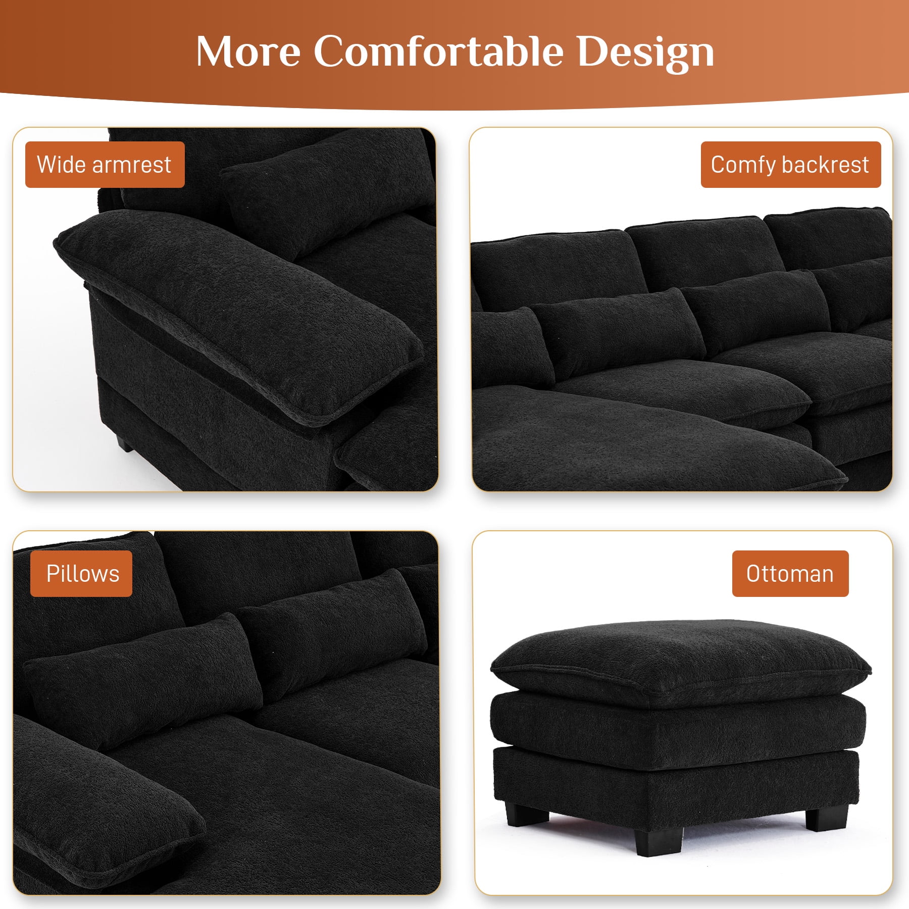 Wiilayok 114" U Shaped Sectional Sofa with Chaise Lounge and Ottoman,Chenille Modular Sectional Sofa Couch for Living Room,Black