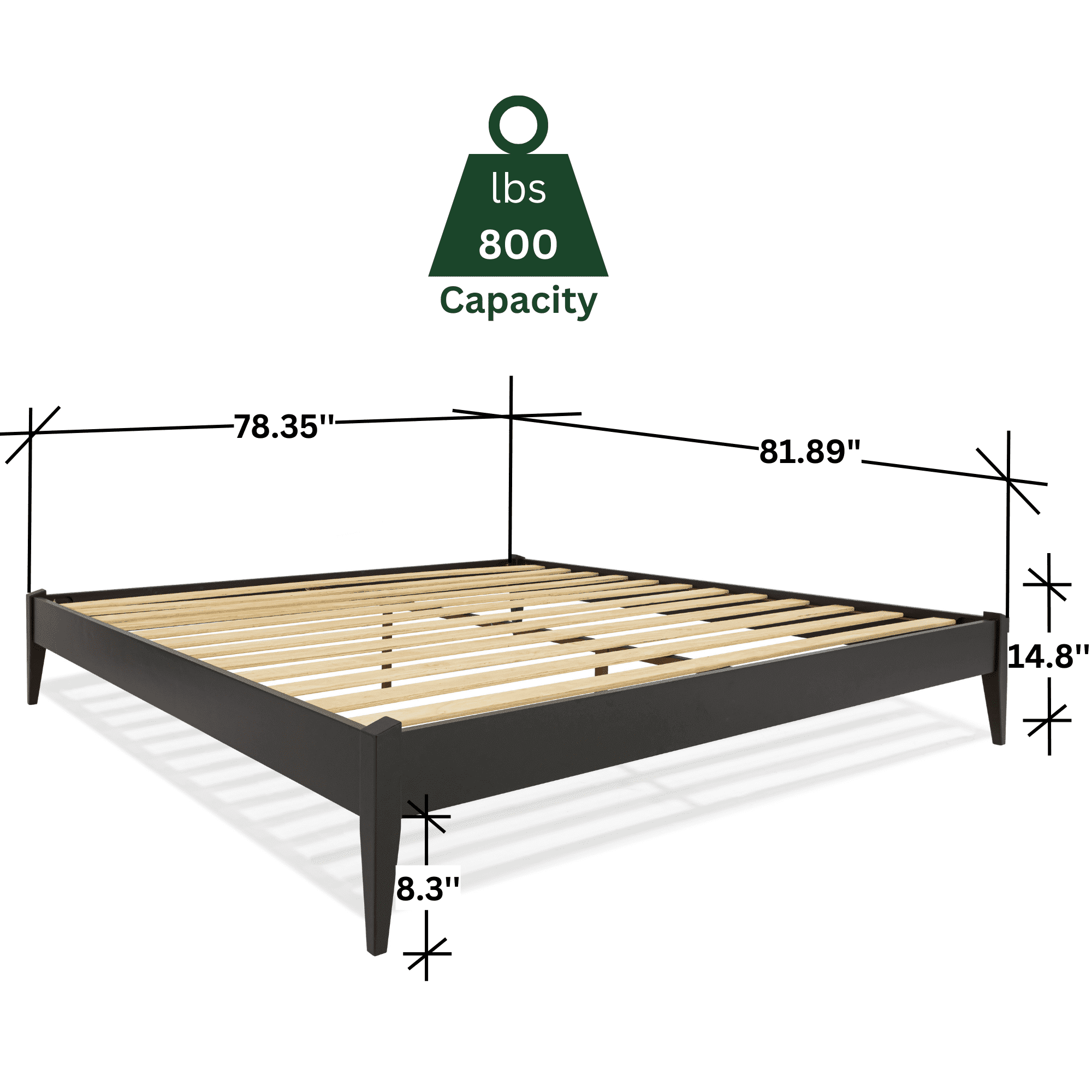Keelin 15" King Size Platform Bed Frame, Modern, Solid Wood Bed, Ivory Black