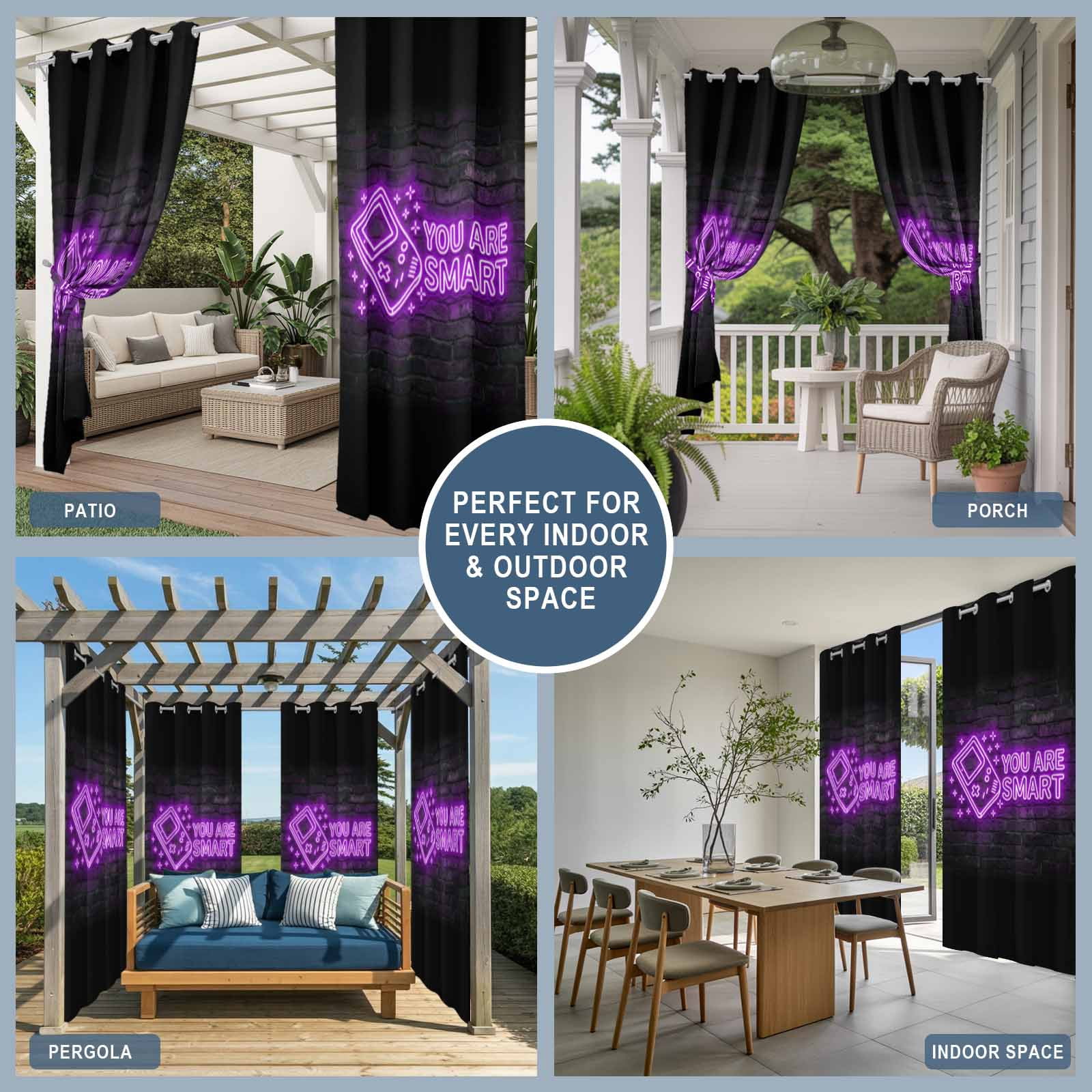 Art Gaming Icons Outdoor Curtains for Patio, Multi Panel Neon Letter Yellow You Are Smart Sunshade Privacy Drapes Grommet Waterproof Outside Curtains for Porch/Cabana/Balcony 54"x 108", 1 Panel