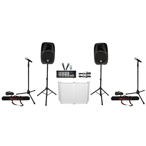 Rockville RPG2X15 PA System Mixer/Amp 15" Speakers Stands Mics Bluetooth Facade