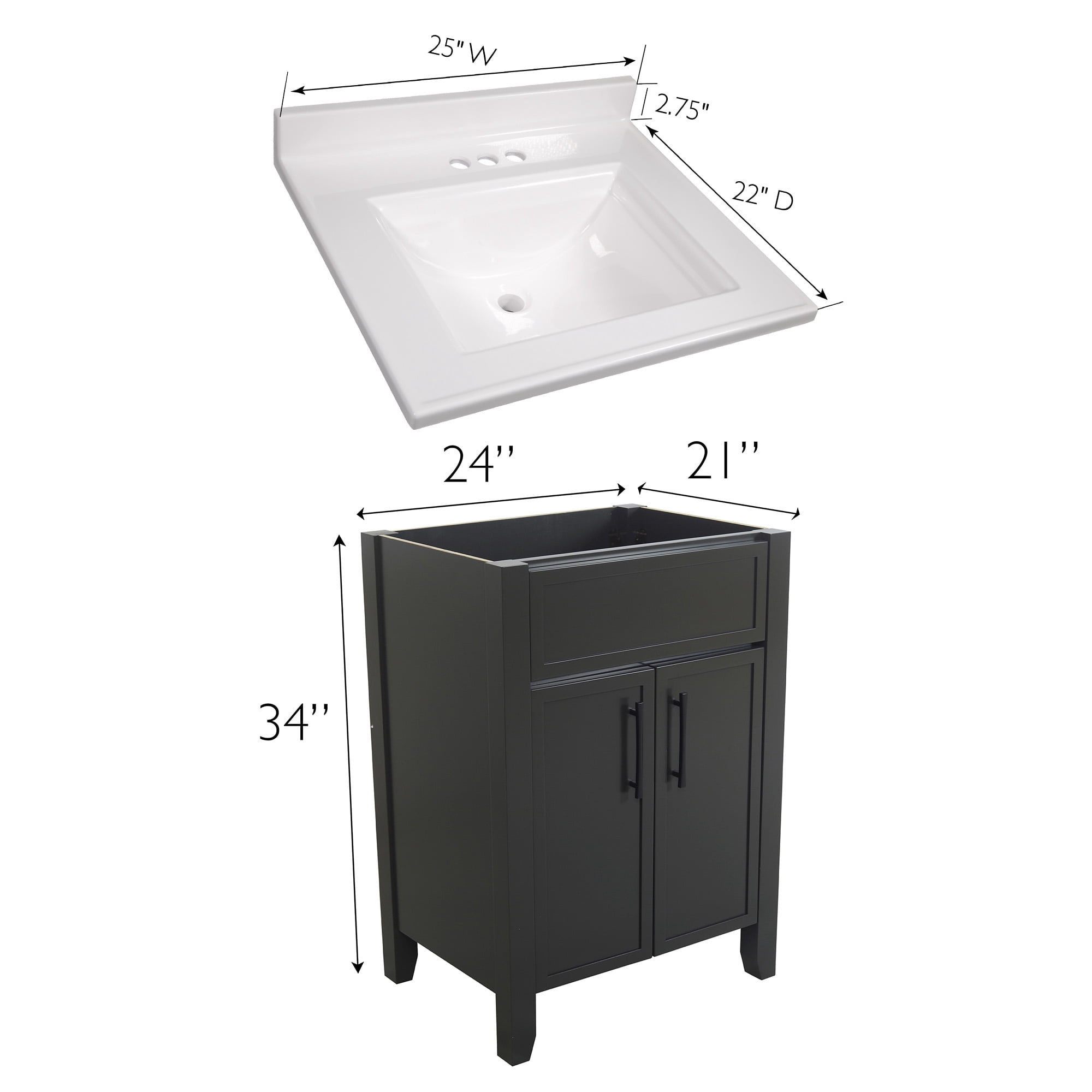 Design House Dawson 25-Inch Bathroom Vanity Combo, Ready to Assemble 2-Door Cabinet with Camilla Cultured Marble Top, Sherwin-Williams® Iron Ore, Matte Black Hardware, 228486-IO