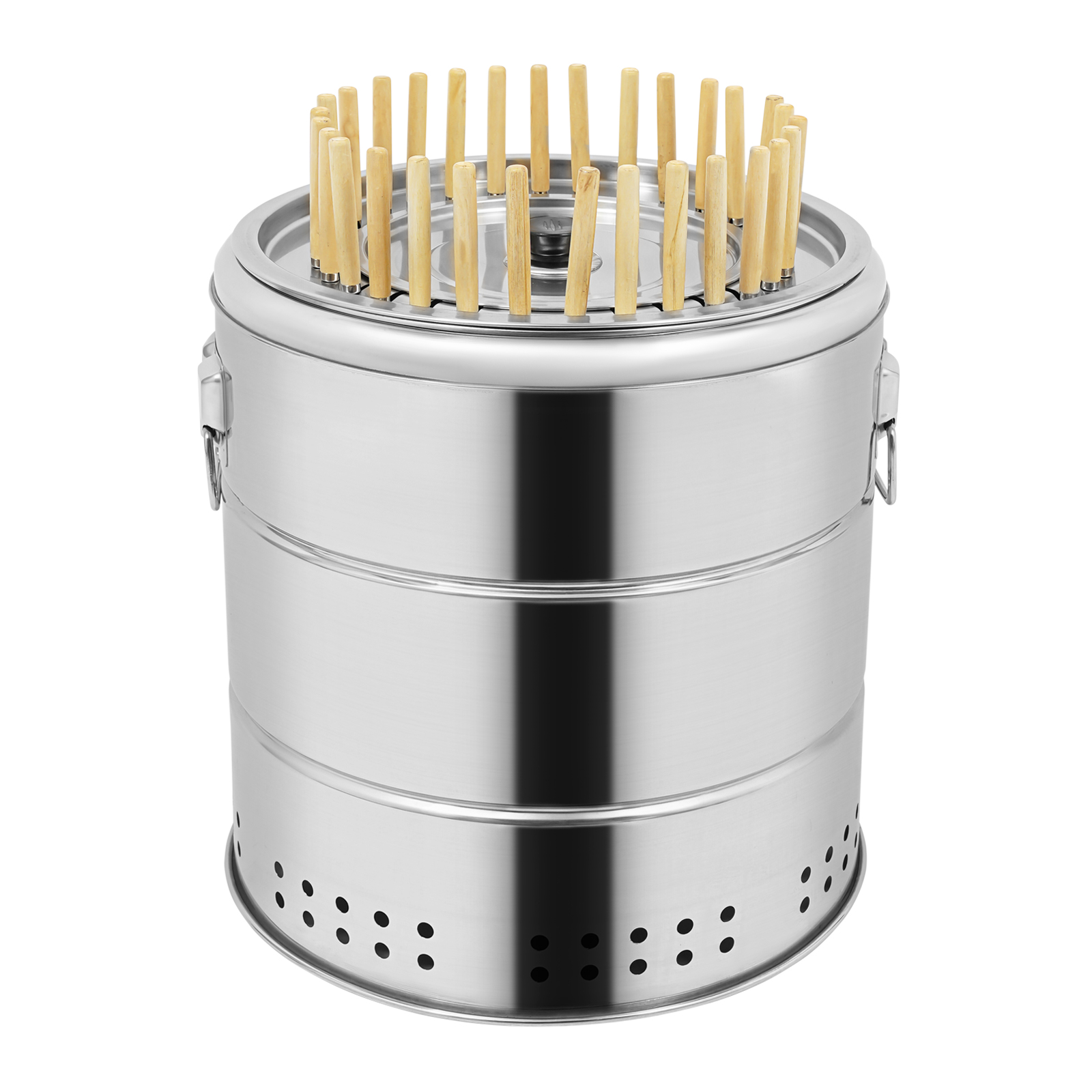 Portable Smokeless Barbecue Charcoal Barrel Grill, Stainless Steel Surround Charcoal Kebab Grill with 30 Skewers and BBQ Grill Cooking Grate, Barbecue Charcoal Barrel Grill