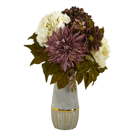 17in. Peony, Hydrangea and Dahlia Artificial Arrangement in Stoneware Vase with Gold Trimming