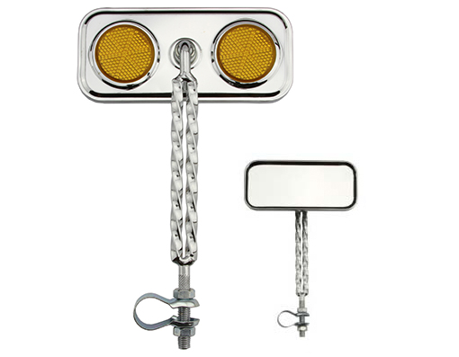 RECTANGULAR DOUBLE TWIST BICYCLE BIKE MIRROR CHROME WITH AMBER REFLECTOR Bike part, Bicycle part, bike accessory, bicycle part - image 1 of 1