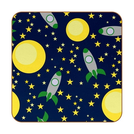 

OWNTA Universe Space Planet Spaceship Star Pattern Premium 6-Piece Square Coaster Set in Microfiber Leather - Non-Slip & Absorbent Cup Mats