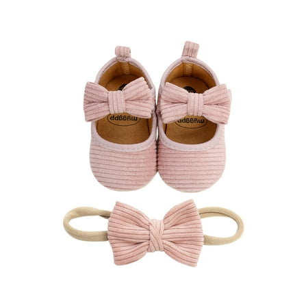 

Seyurigaoka Newborn Girl Flat Shoes Anti-Slip Bowknot Decor Shoes with Hairband