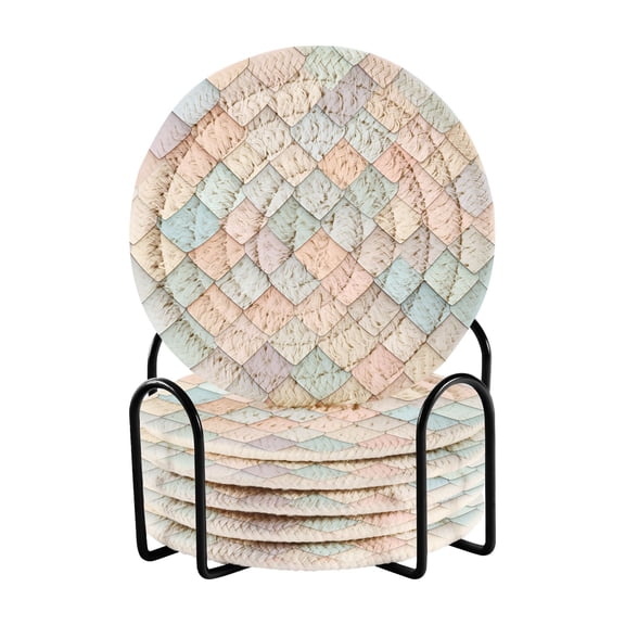 Yayeee 6 PCS Drink Coasters with Holder Set Woven Absorbent Round Tabletop Hot Pad, Small Pink Pattern