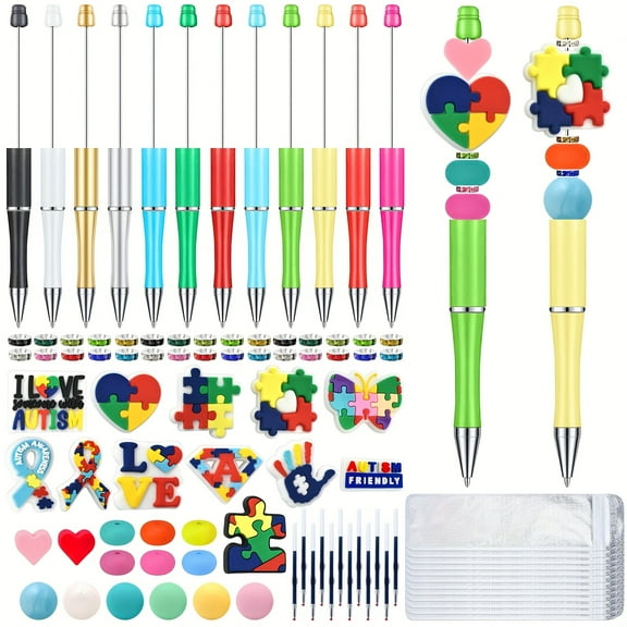 12 Pieces Beadable Pens Bulk with Colorful Silicone Beads for DIY Pen Making Kit Smooth Writing Beaded Pen for Women Office(Autism)